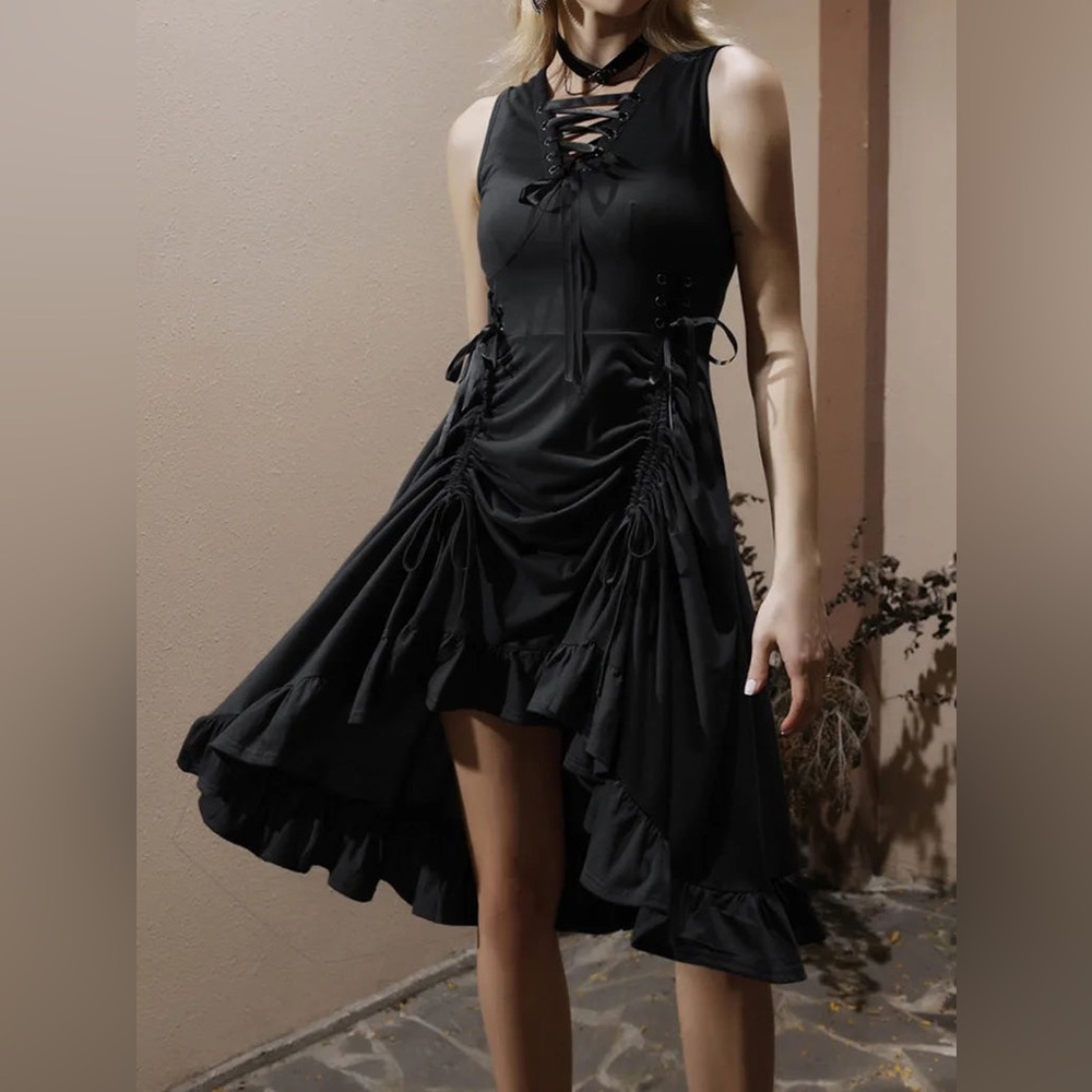 Lace-Up Ruched Gothic Midi Dress by Scarlett Darkness NWT